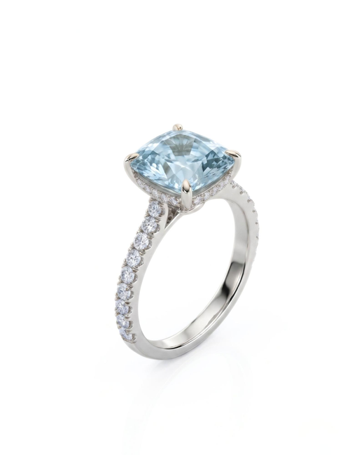 CAELIA cushion cut Aquamarine pavé solitaire ring setting in White Gold, 45-degree view | SARATTI