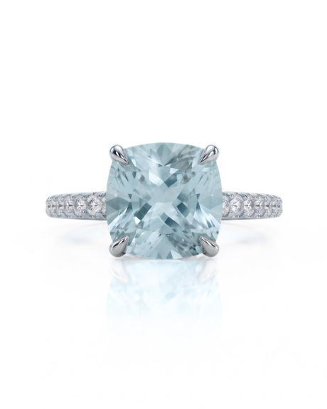 CAELIA cushion cut Aquamarine pavé solitaire ring setting in White Gold, front view | SARATTI