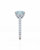 CAELIA cushion cut Aquamarine pavé solitaire ring setting in White Gold, side profile | SARATTI