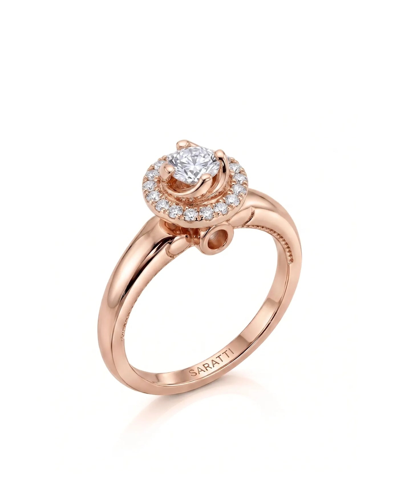 CARI 0.5 carat round natural diamond vintage halo engagement ring in 18K rose gold, 45-degree hero view | SARATTI