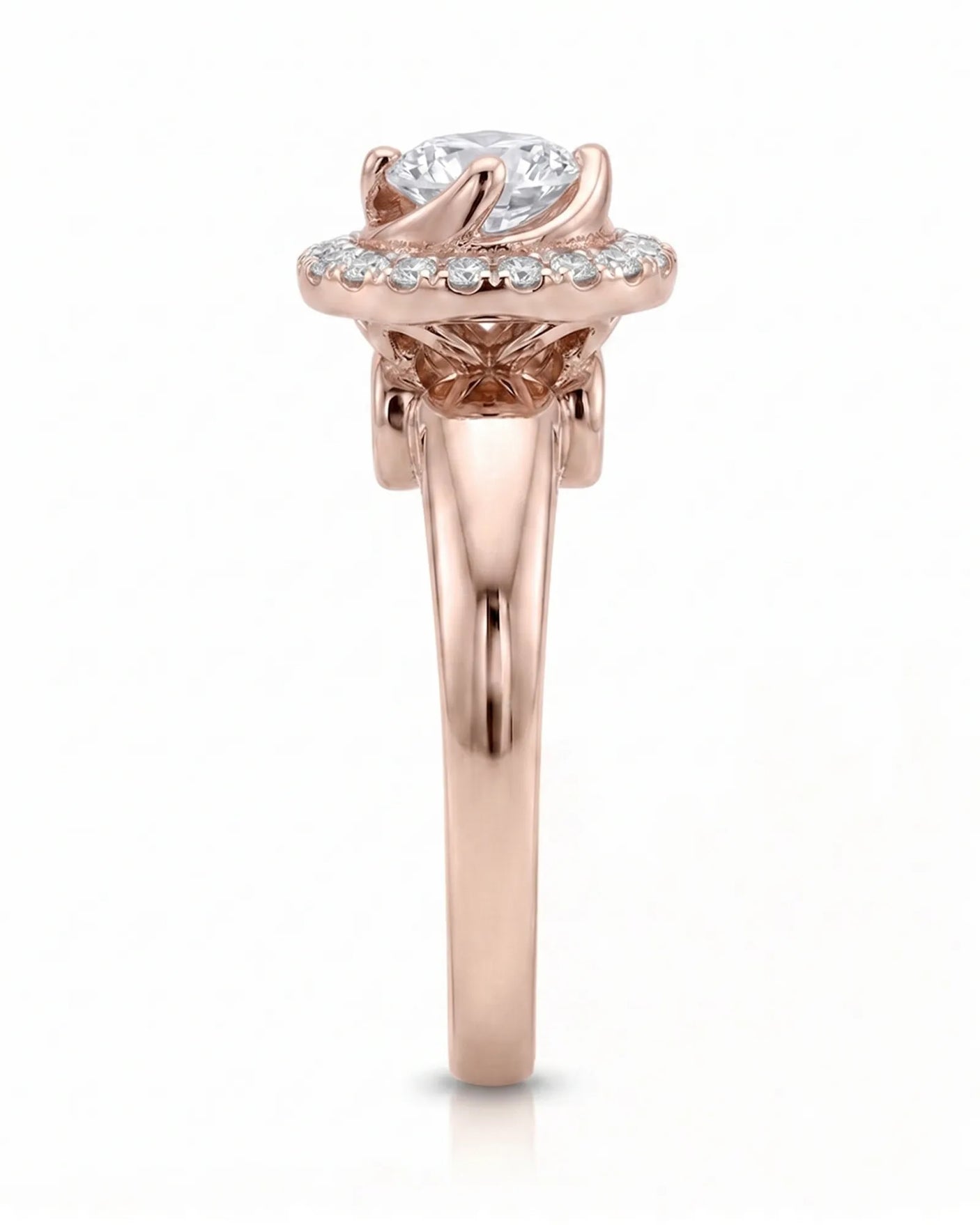 CARI 0.5 carat round natural diamond vintage halo engagement ring in 18K rose gold, side profile showing elevated floral gallery | SARATTI