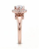 CARI 0.5 carat round natural diamond vintage halo engagement ring in 18K rose gold, side profile showing elevated floral gallery | SARATTI