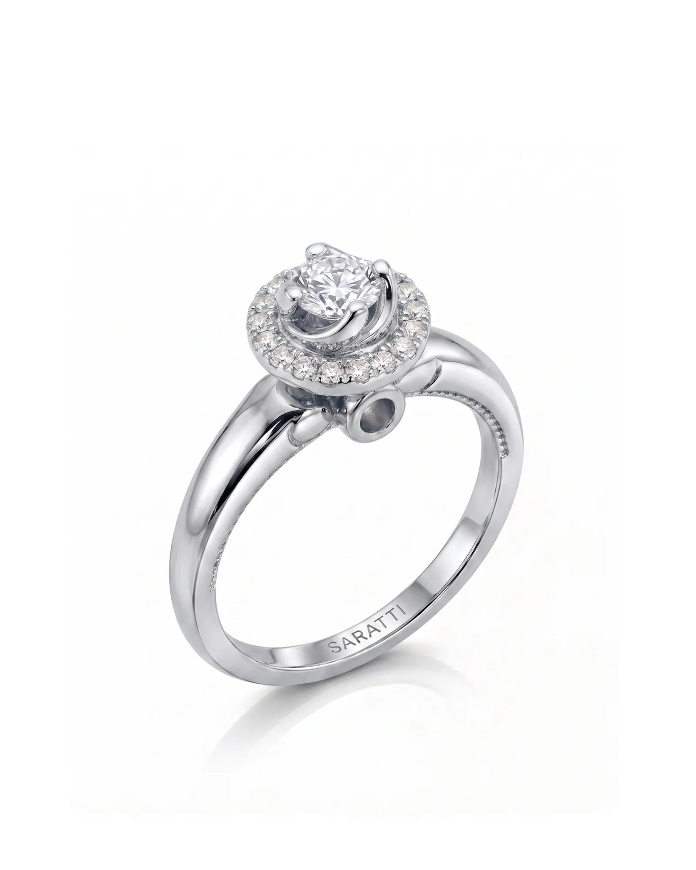 CARI 0.5 carat round natural diamond vintage halo engagement ring in 18K white gold, 45-degree hero view | SARATTI