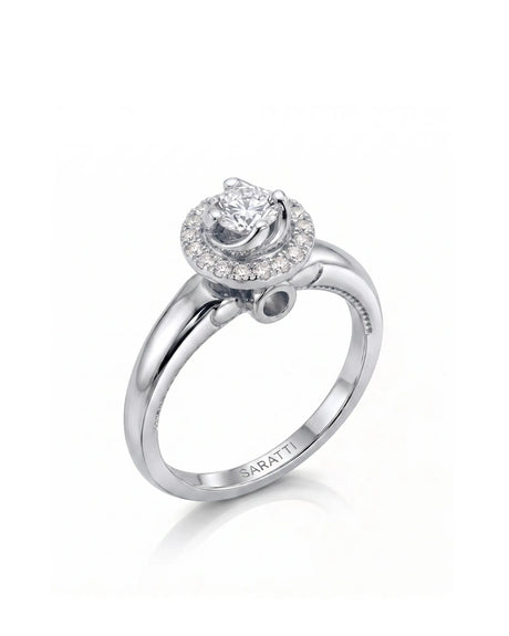 CARI 0.5 carat round natural diamond vintage halo engagement ring in 18K white gold, 45-degree hero view | SARATTI