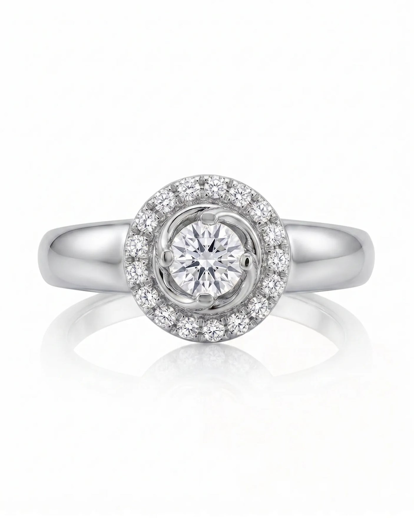 CARI 0.5 carat round natural diamond vintage halo engagement ring in 18K white gold, front view of floral diamond halo | SARATTI