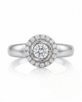 CARI 0.5 carat round natural diamond vintage halo engagement ring in 18K white gold, front view of floral diamond halo | SARATTI