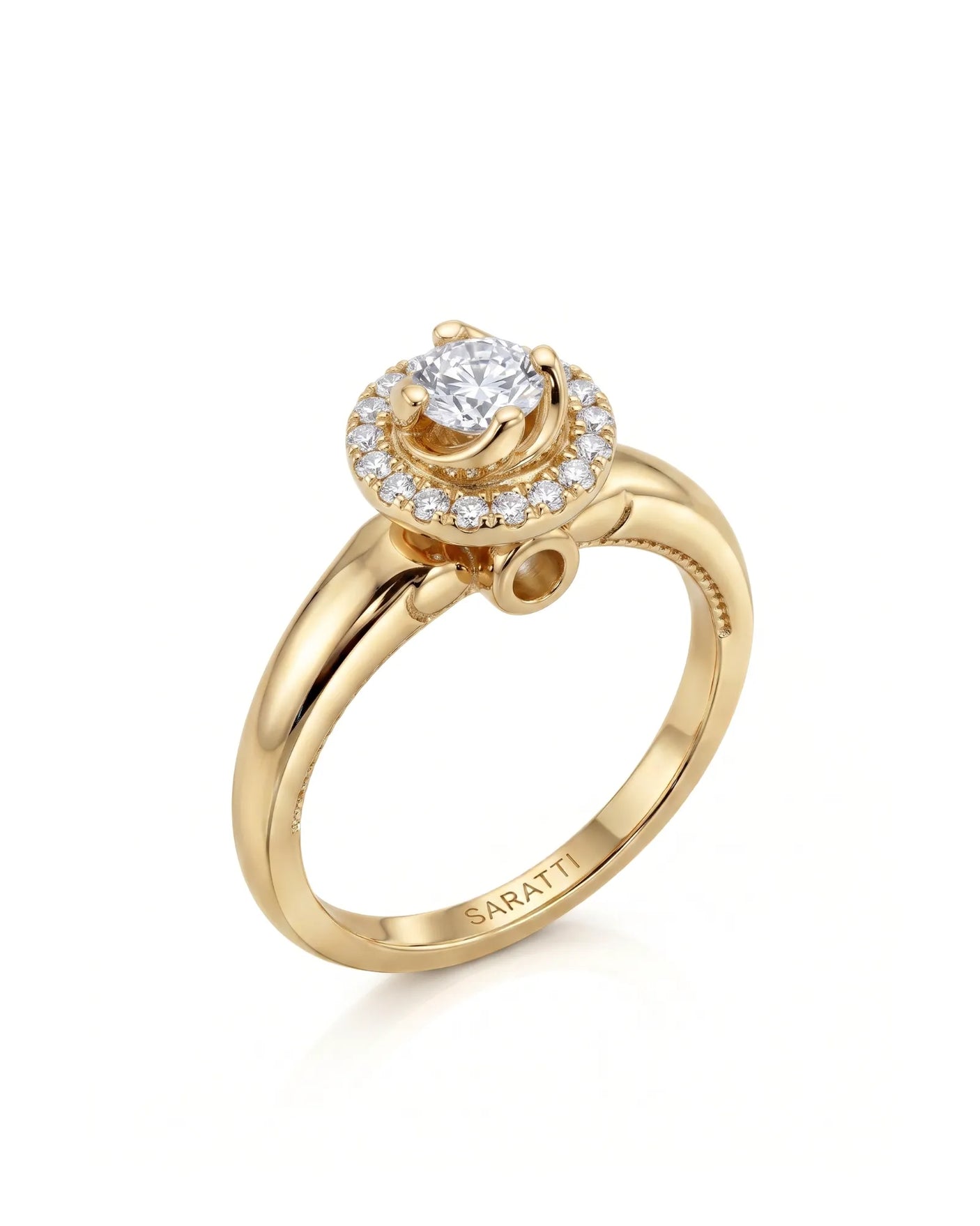 CARI 0.5 carat round natural diamond vintage halo engagement ring in 18K yellow gold, 45-degree hero view | SARATTI
