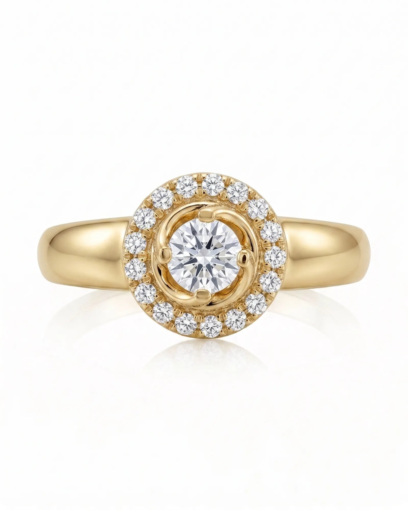 CARI 0.5 carat round natural diamond vintage halo engagement ring in 18K yellow gold, front view of floral diamond halo | SARATTI