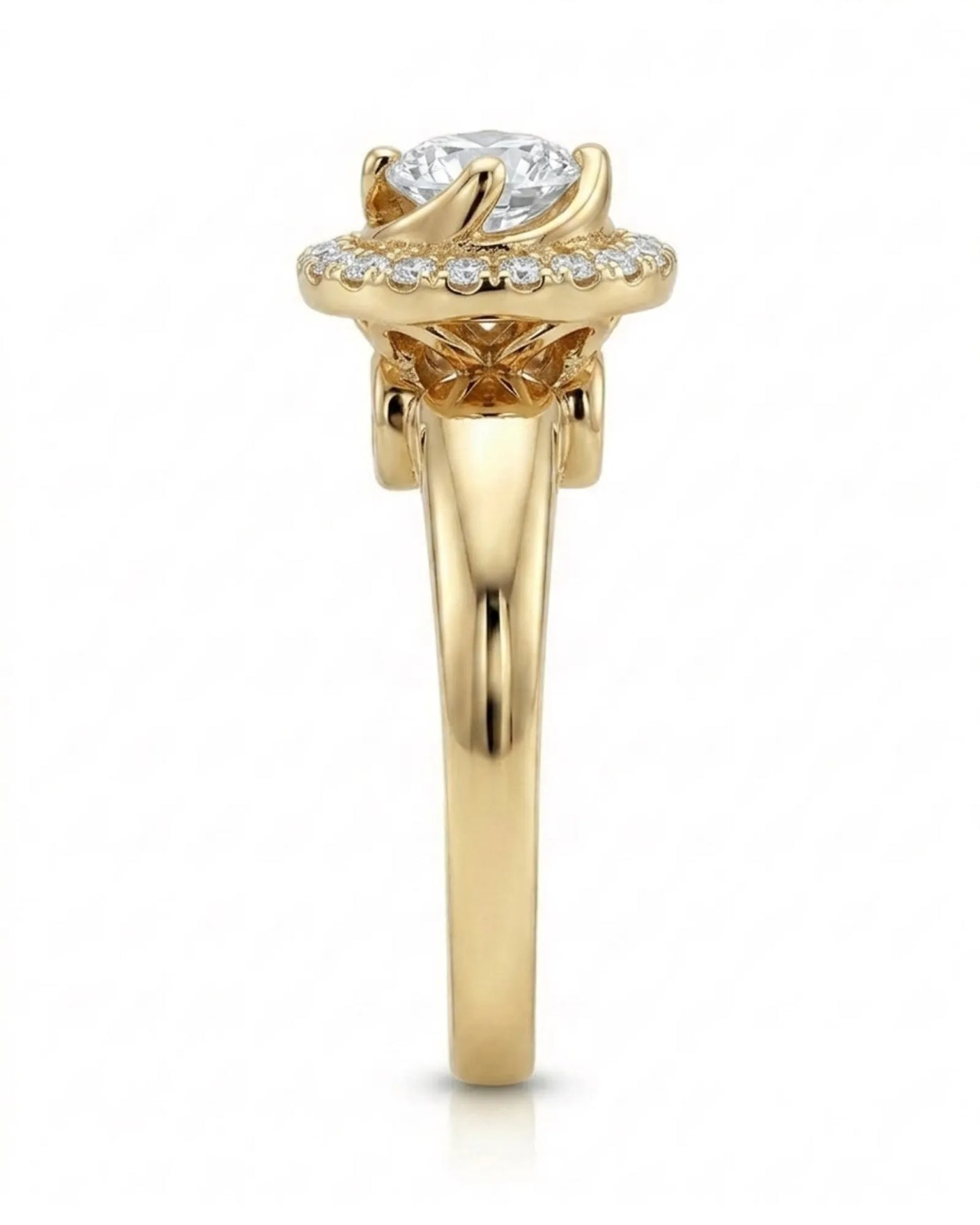 CARI 0.5 carat round natural diamond vintage halo engagement ring in 18K yellow gold, side profile showing elevated floral gallery | SARATTI
