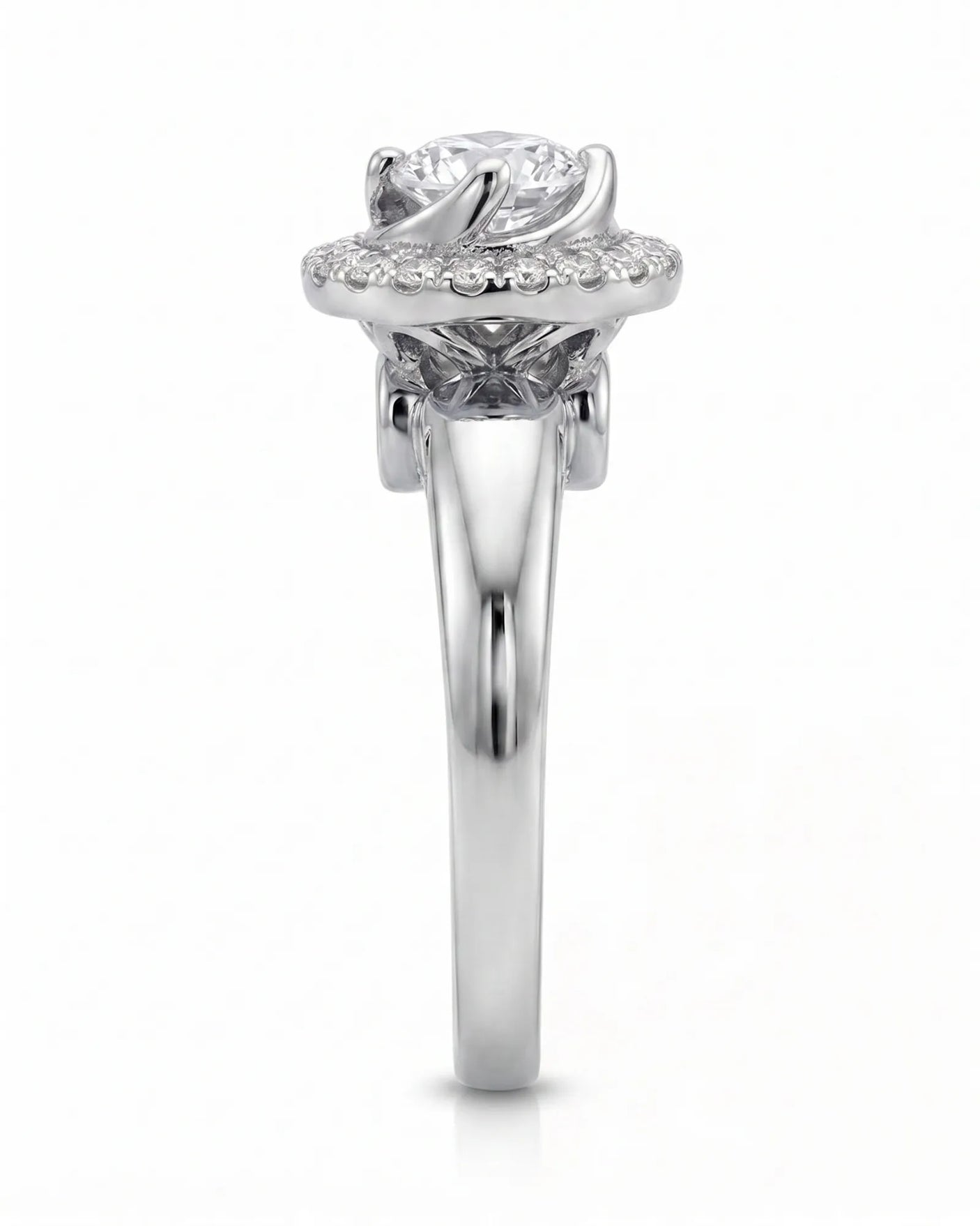 CARI 0.5 carat round natural diamond vintage halo engagement ring in platinum, side profile showing elevated floral gallery | SARATTI