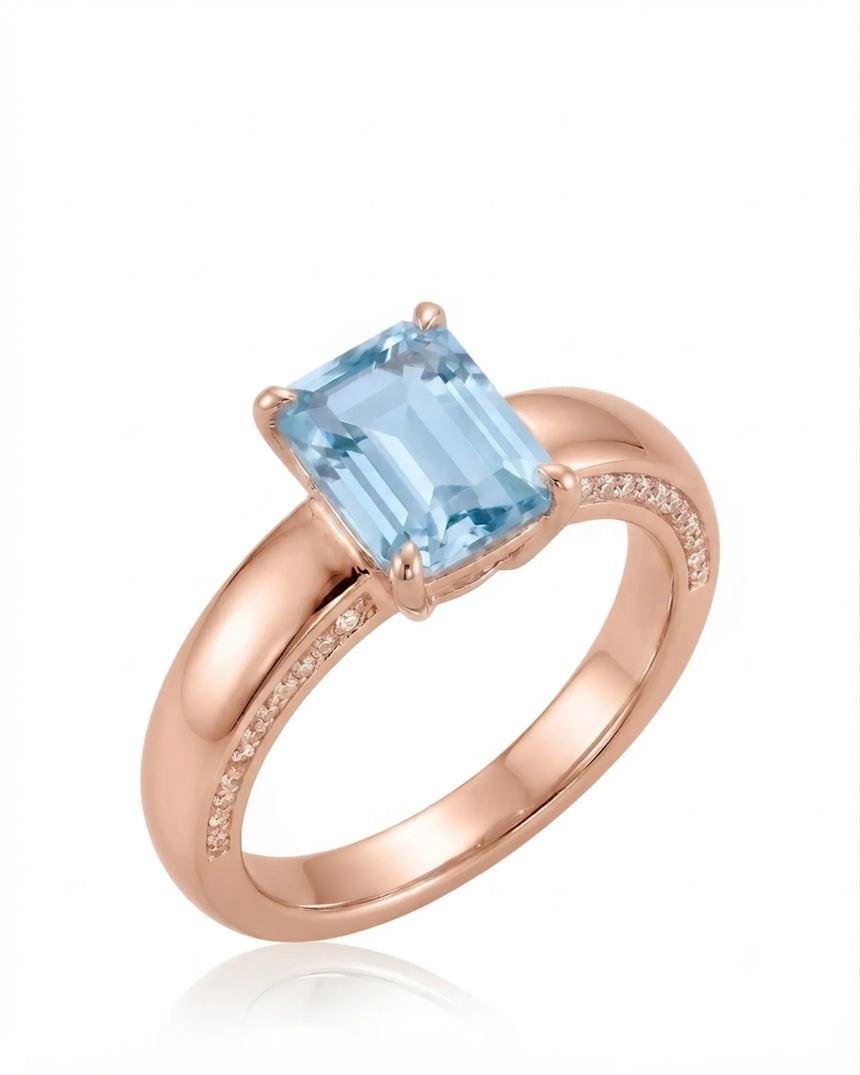 Céleste Arc emerald cut Aquamarine hidden pavé ring setting in rose gold, 45-degree view | SARATTI