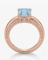 Céleste Arc emerald cut Aquamarine ring setting in rose gold, top view showing recessed diamond shoulders | SARATTI