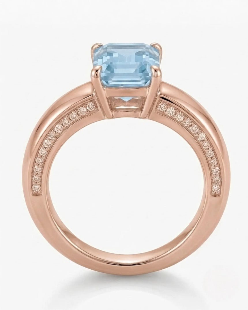 Céleste Arc emerald cut Aquamarine ring setting in rose gold, top view showing recessed diamond shoulders | SARATTI