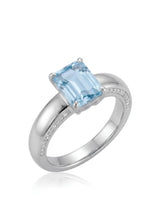 Céleste Arc emerald cut Aquamarine hidden pavé ring setting in white gold, 45-degree view | SARATTI