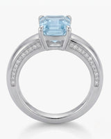 Céleste Arc emerald cut Aquamarine ring setting in white gold, top view showing recessed diamond shoulders | SARATTI
