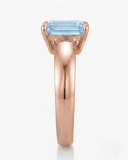 Céleste Arc emerald cut Aquamarine ring setting in rose gold, side profile with open basket | SARATTI