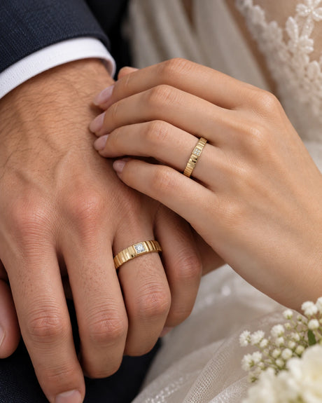 Celeste natural diamond wedding set worn by couple in 18K yellow gold | SARATTI