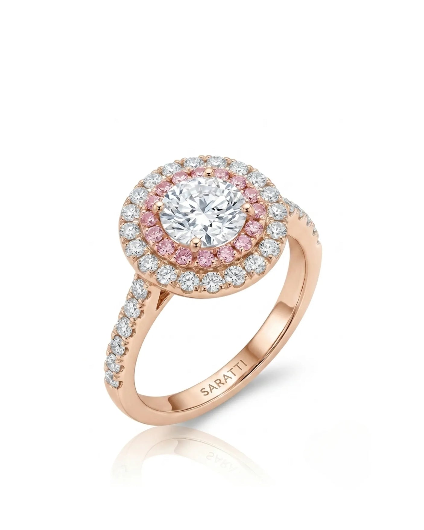 Chelsea 0.5 carat round natural diamond engagement ring with natural pink diamond double halo in 18K rose gold, 45-degree view | SARATTI