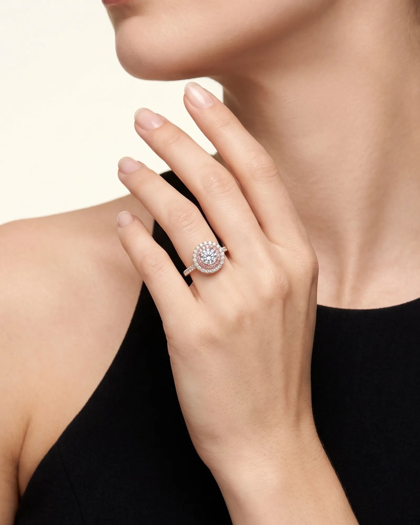 Chelsea 0.5 carat round natural diamond engagement ring with natural pink diamond double halo in 18K rose gold, worn on hand | SARATTI