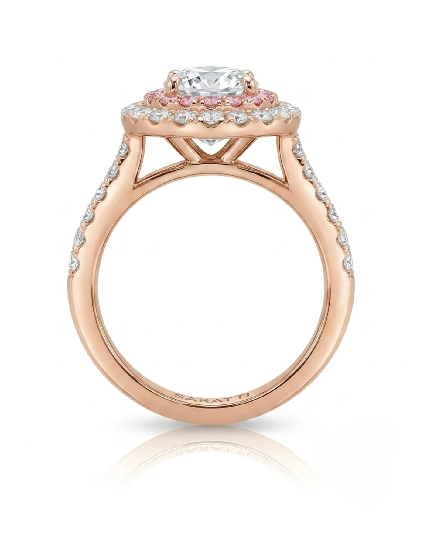 Chelsea 0.5 carat round natural diamond engagement ring with natural pink diamond double halo in 18K rose gold, profile view of elevated floral gallery | SARATTI