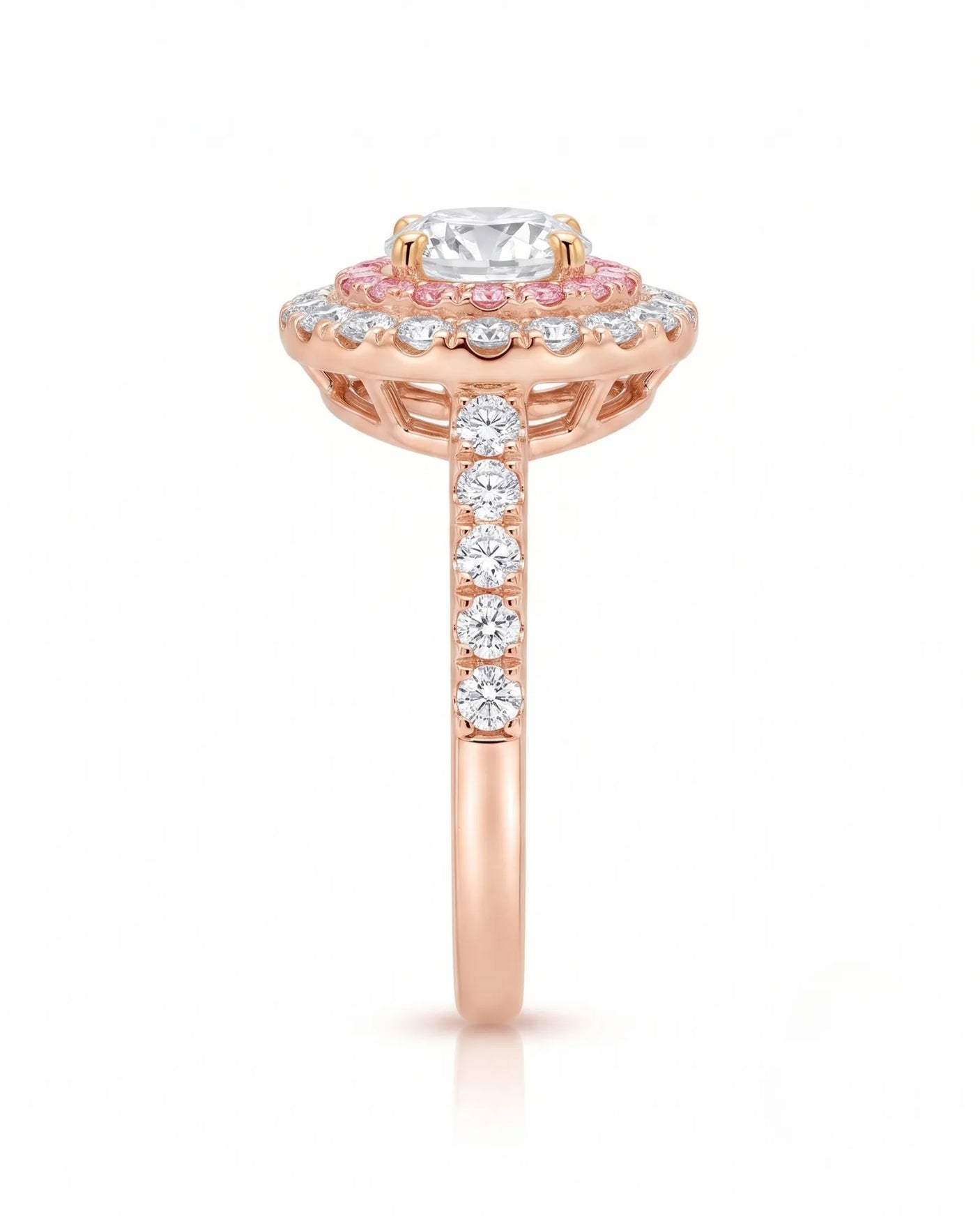 Chelsea 0.5 carat round natural diamond engagement ring with natural pink diamond double halo in 18K rose gold, side elevation showing pavé band | SARATTI