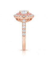Chelsea 0.5 carat round natural diamond engagement ring with natural pink diamond double halo in 18K rose gold, side elevation showing pavé band | SARATTI