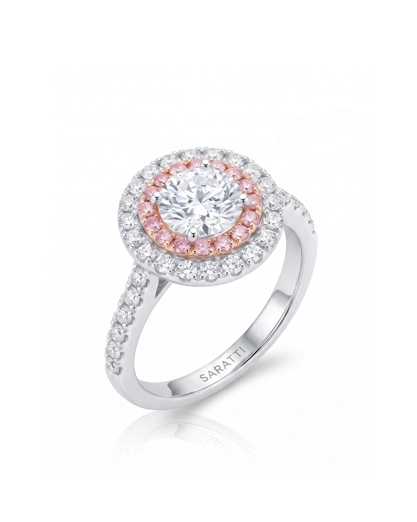 Chelsea 0.5 carat round natural diamond engagement ring with natural pink diamond double halo in 18K white gold, 45-degree view | SARATTI