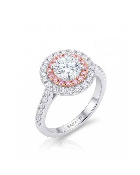 Chelsea 0.5 carat round natural diamond engagement ring with natural pink diamond double halo in 18K white gold, 45-degree view | SARATTI