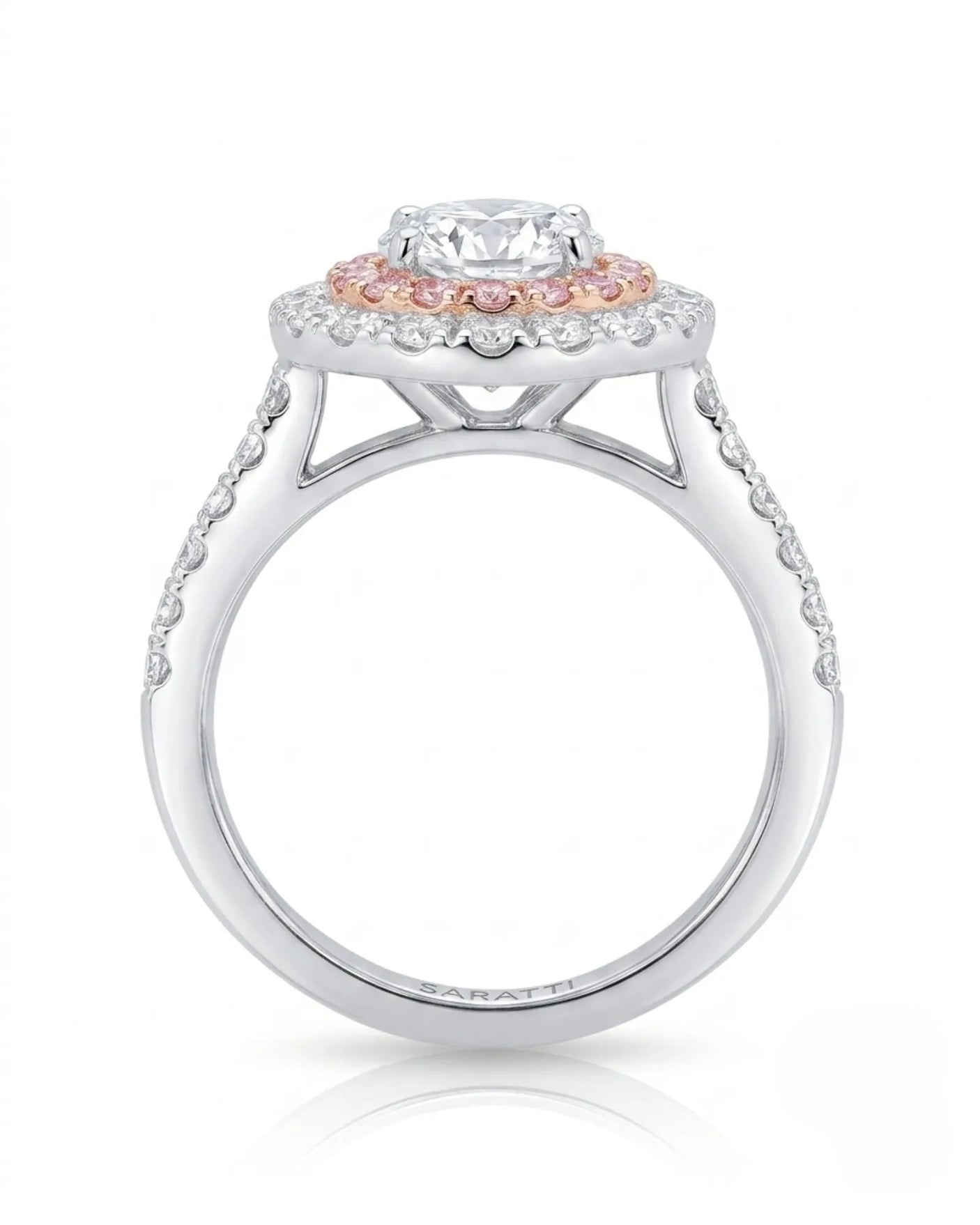 Chelsea 0.5 carat round natural diamond engagement ring with natural pink diamond double halo in 18K white gold, profile view of elevated floral gallery | SARATTI