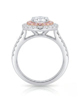Chelsea 0.5 carat round natural diamond engagement ring with natural pink diamond double halo in 18K white gold, profile view of elevated floral gallery | SARATTI