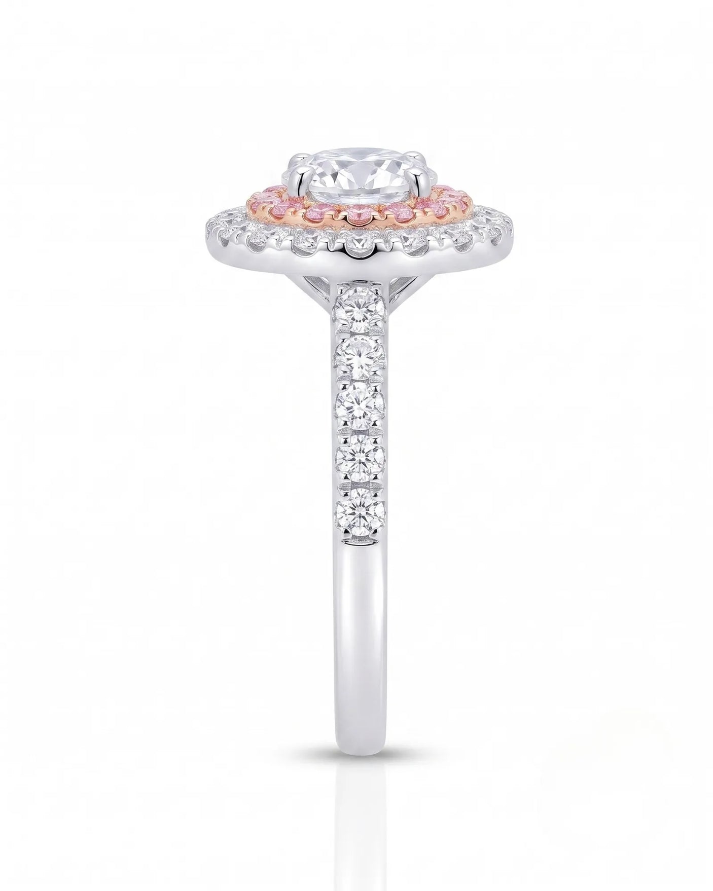 Chelsea 0.5 carat round natural diamond engagement ring with natural pink diamond double halo in 18K white gold, side elevation showing pavé band | SARATTI