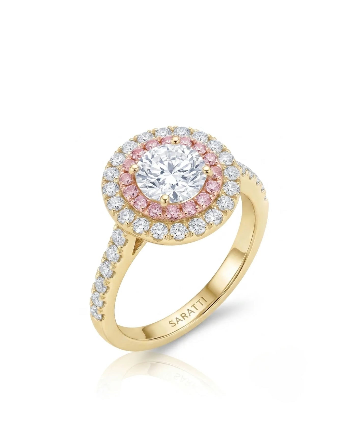 Chelsea 0.5 carat round natural diamond engagement ring with natural pink diamond double halo in 18K yellow gold, 45-degree view | SARATTI