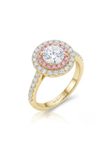 Chelsea 0.5 carat round natural diamond engagement ring with natural pink diamond double halo in 18K yellow gold, 45-degree view | SARATTI