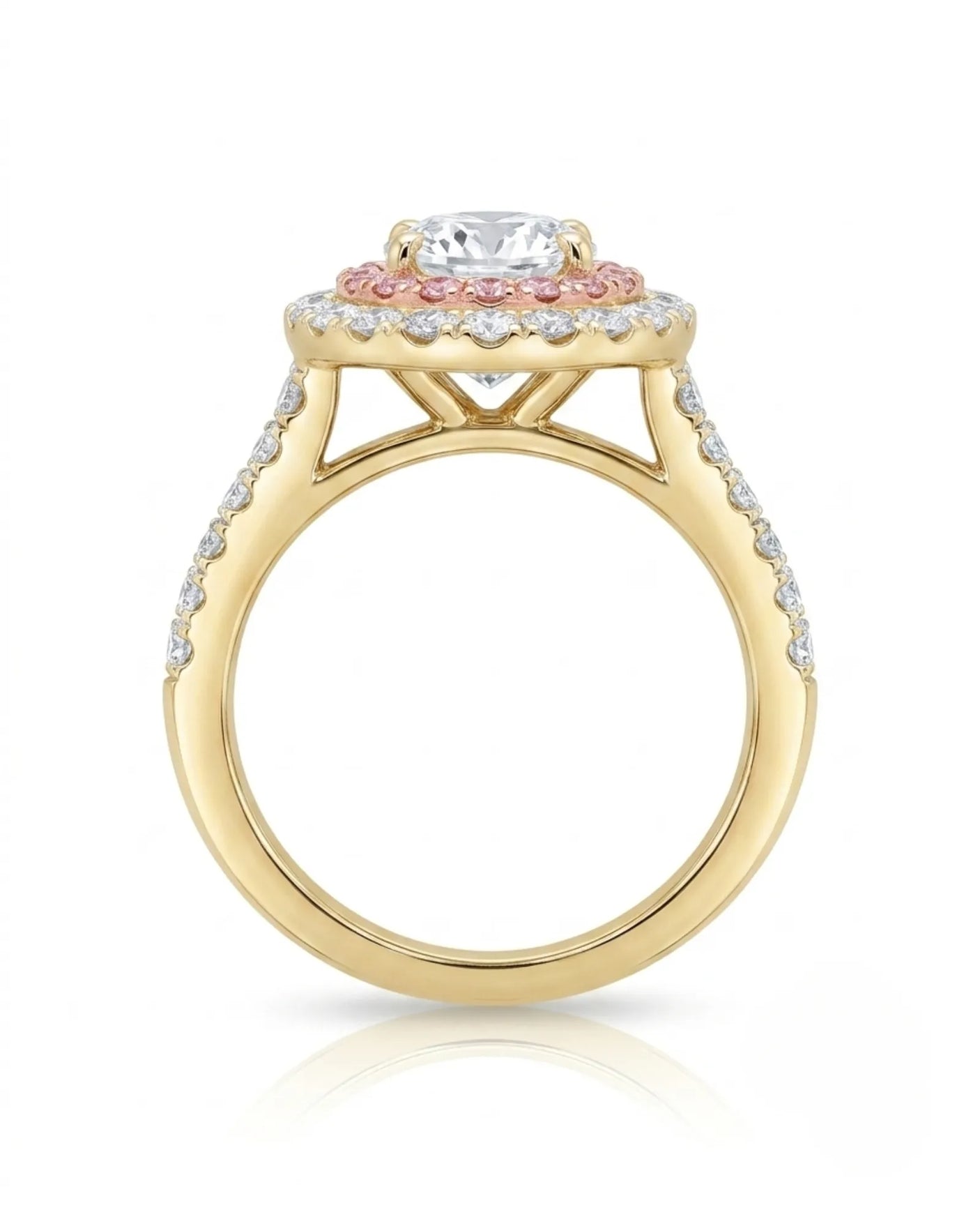 Chelsea 0.5 carat round natural diamond engagement ring with natural pink diamond double halo in 18K yellow gold, profile view of elevated floral gallery | SARATTI