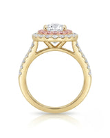 Chelsea 0.5 carat round natural diamond engagement ring with natural pink diamond double halo in 18K yellow gold, profile view of elevated floral gallery | SARATTI