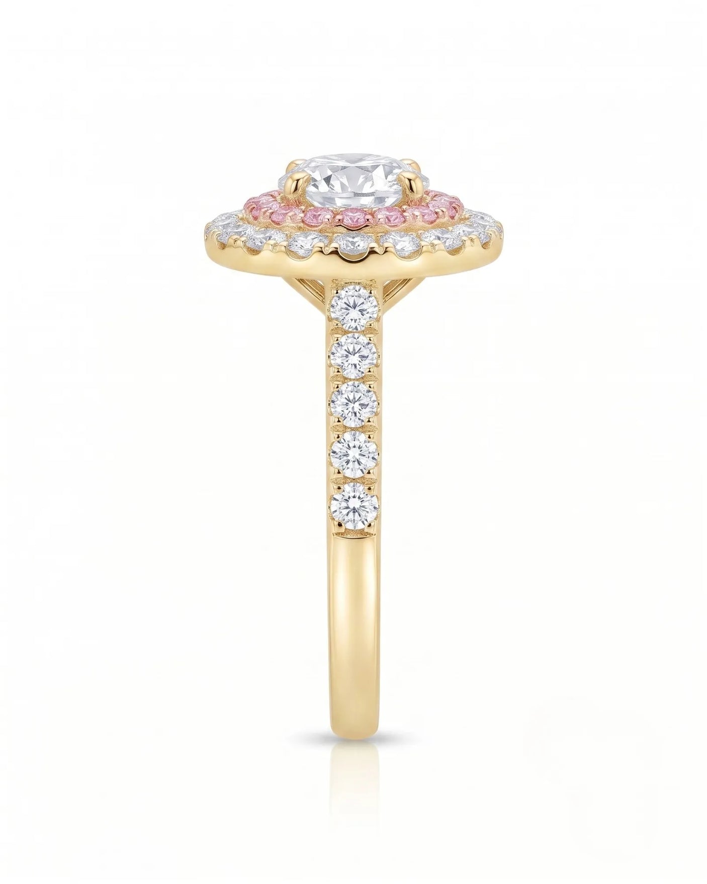 Chelsea 0.5 carat round natural diamond engagement ring with natural pink diamond double halo in 18K yellow gold, side elevation showing pavé band | SARATTI