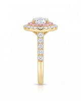 Chelsea 0.5 carat round natural diamond engagement ring with natural pink diamond double halo in 18K yellow gold, side elevation showing pavé band | SARATTI