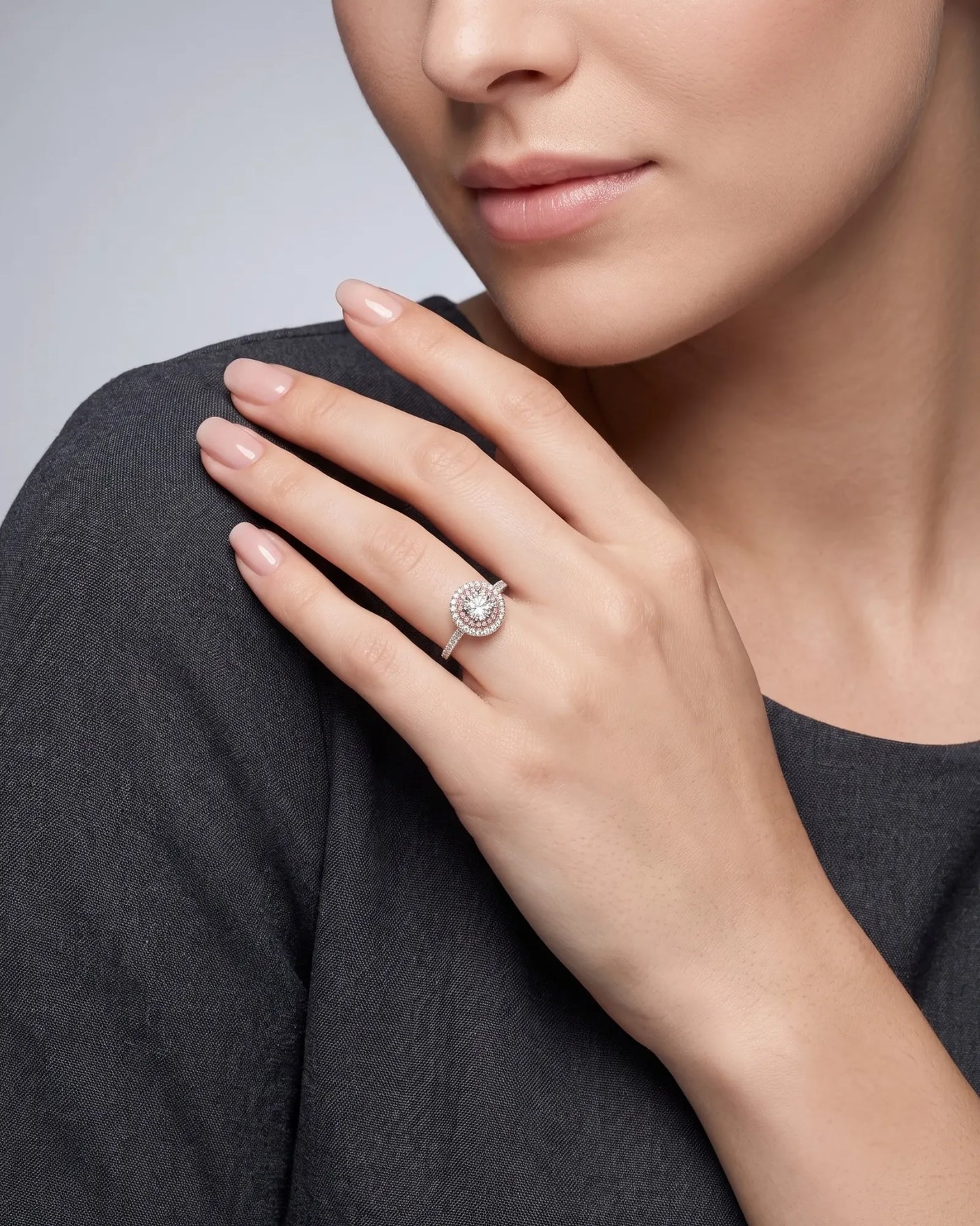 Chelsea 0.5 carat round natural diamond engagement ring with natural pink diamond double halo in platinum, worn on hand | SARATTI