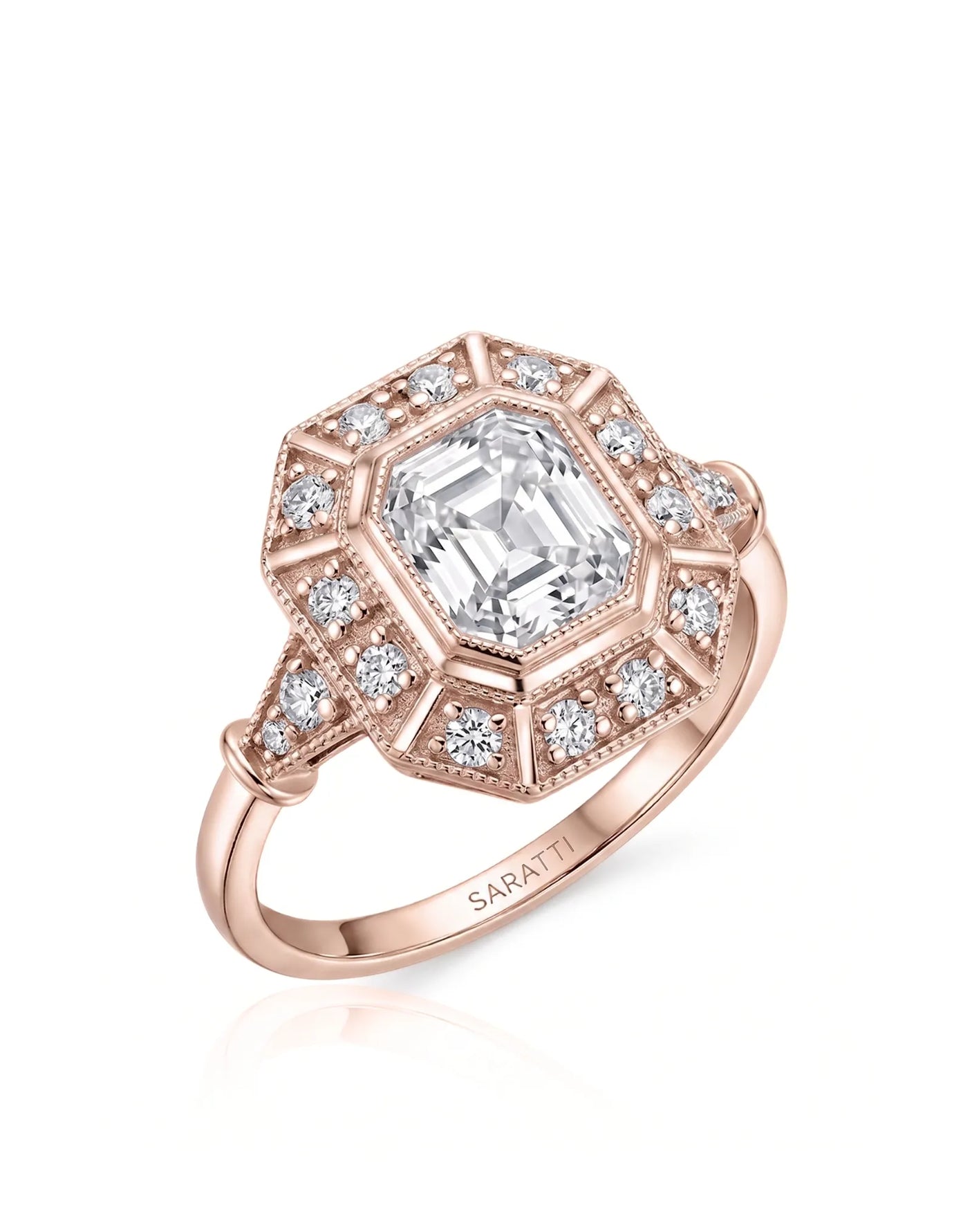 Clara 0.50 carat F-colour Asscher natural diamond vintage halo ring in 18K rose gold, 45-degree hero view | SARATTI