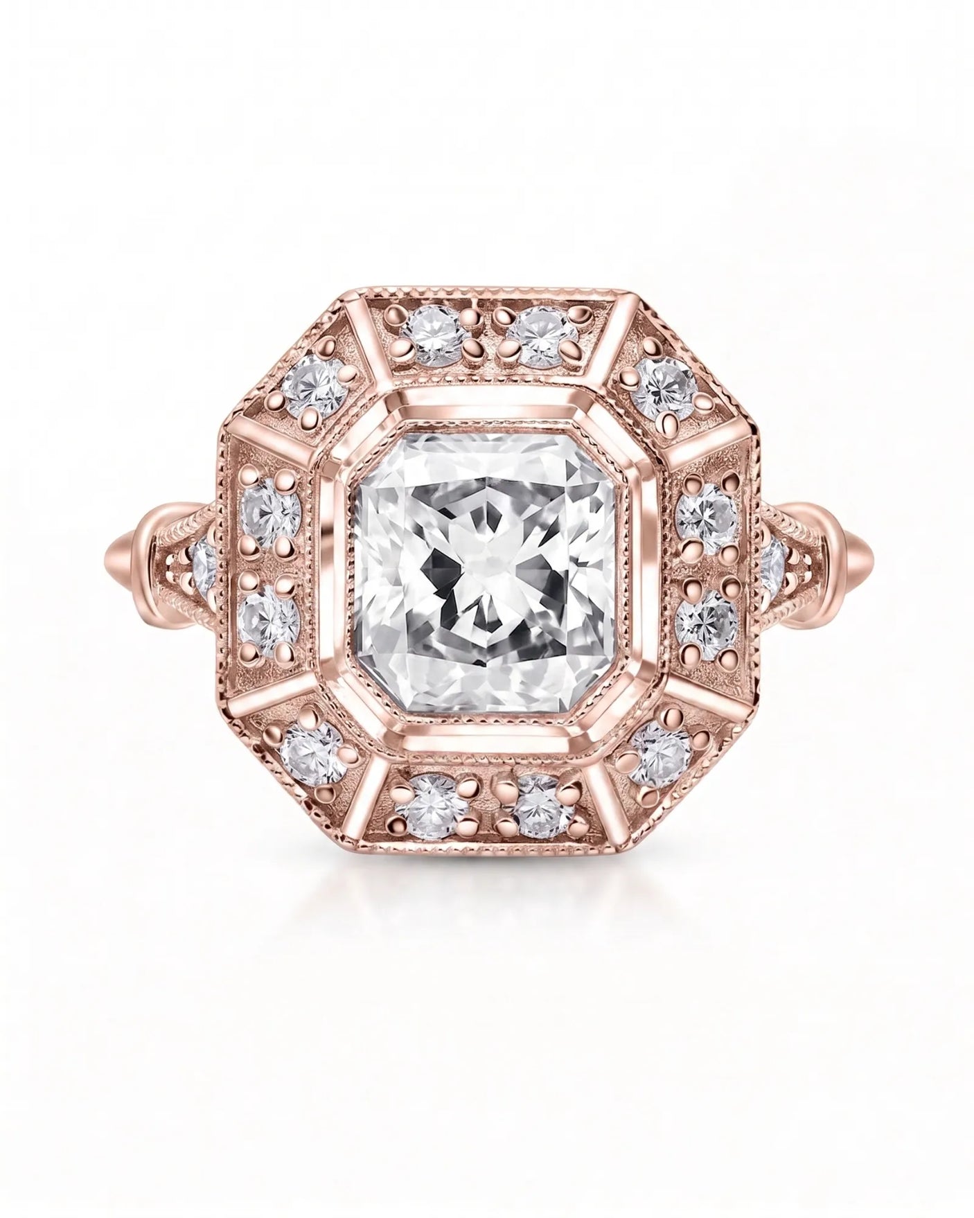 Clara 0.50 carat F-colour Asscher natural diamond vintage halo ring in 18K rose gold, front view of segmented halo and milgrain | SARATTI