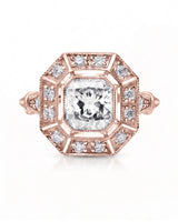 Clara 0.50 carat F-colour Asscher natural diamond vintage halo ring in 18K rose gold, front view of segmented halo and milgrain | SARATTI
