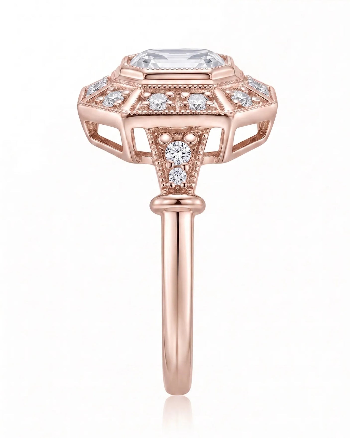 Clara 0.50 carat F-colour Asscher natural diamond vintage halo ring in 18K rose gold, side profile showing open gallery | SARATTI