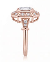 Clara 0.50 carat F-colour Asscher natural diamond vintage halo ring in 18K rose gold, side profile showing open gallery | SARATTI