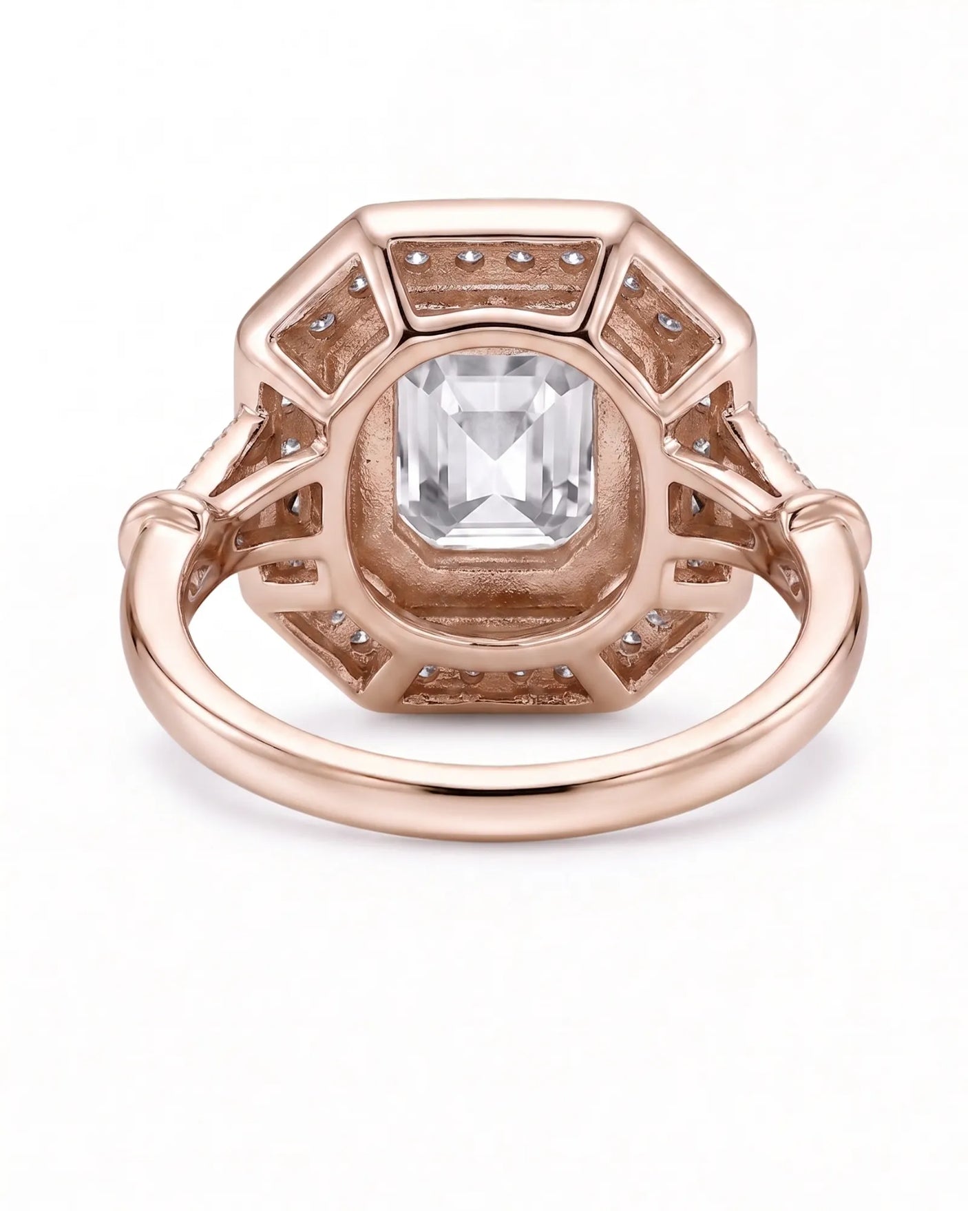 Clara 0.50 carat F-colour Asscher natural diamond vintage halo ring in 18K rose gold, underside view of octagonal halo setting | SARATTI