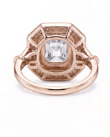 Clara 0.50 carat F-colour Asscher natural diamond vintage halo ring in 18K rose gold, underside view of octagonal halo setting | SARATTI