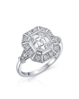 Clara 0.50 carat F-colour Asscher natural diamond vintage halo ring in 18K white gold, 45-degree hero view | SARATTI
