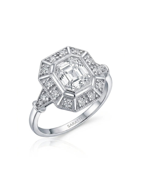 Clara 0.50 carat F-colour Asscher natural diamond vintage halo ring in 18K white gold, 45-degree hero view | SARATTI