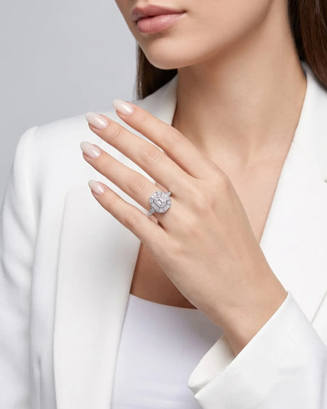 Clara 0.50 carat F-colour Asscher natural diamond vintage halo ring in 18K white gold, worn on hand | SARATTI