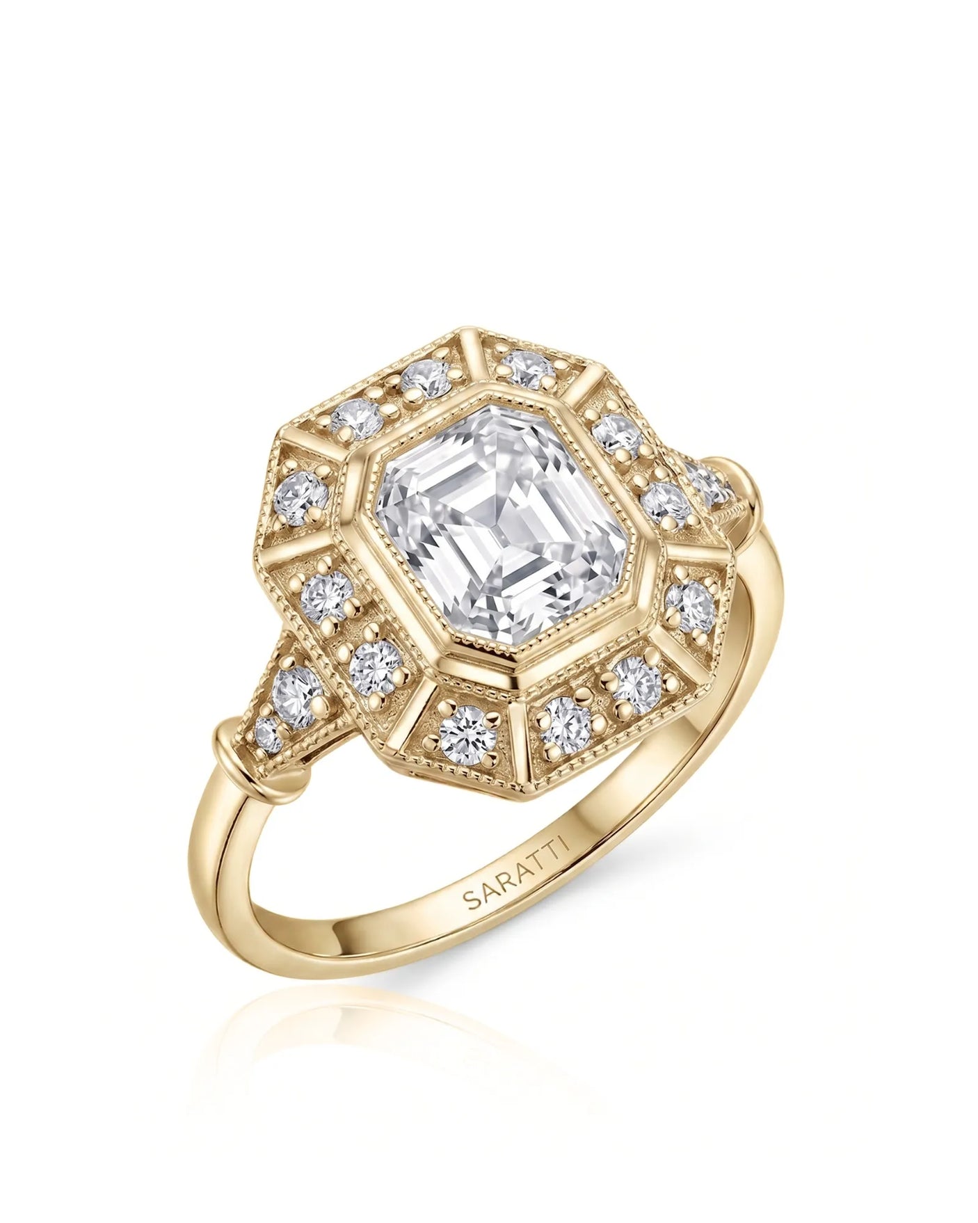Clara 0.50 carat F-colour Asscher natural diamond vintage halo ring in 18K yellow gold, 45-degree hero view | SARATTI