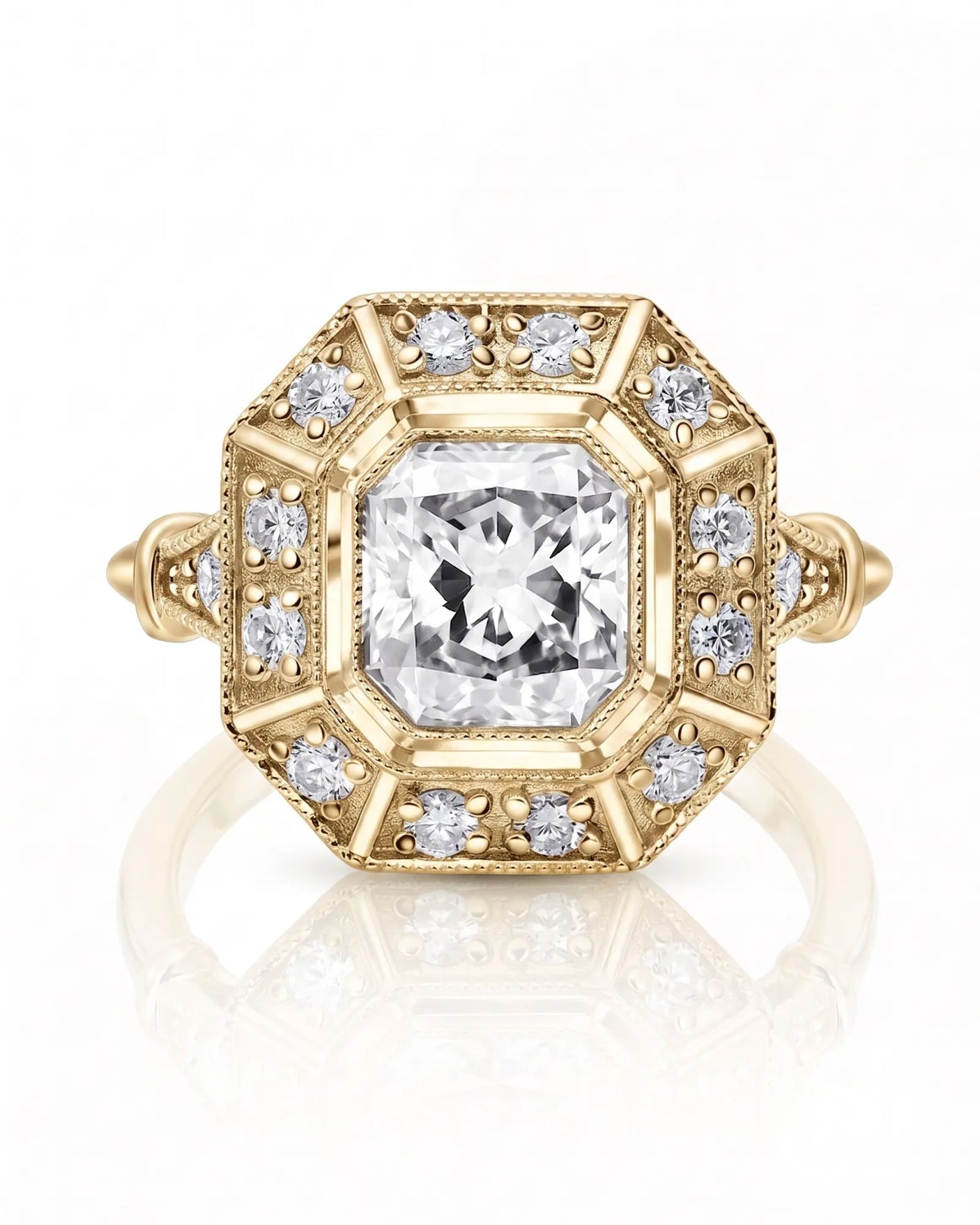 Clara 0.50 carat F-colour Asscher natural diamond vintage halo ring in 18K yellow gold, front view of segmented halo and milgrain | SARATTI